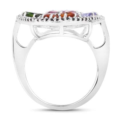 Genuine Multi Stones Sterling Silver Floral Ring