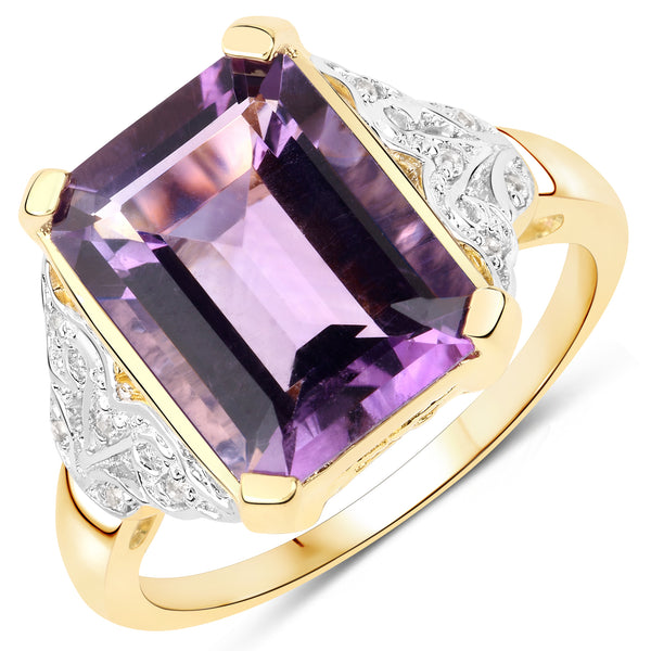 Genuine 14K Yellow Gold Plated Amethyst and White Topaz Sterling Silver Solitaire Ring