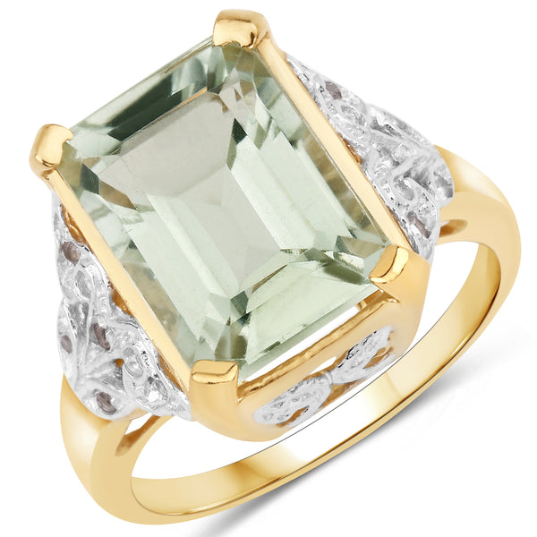 Genuine 14K Yellow Gold Plated Green Amethyst and White Topaz Sterling Silver Bridge Ring