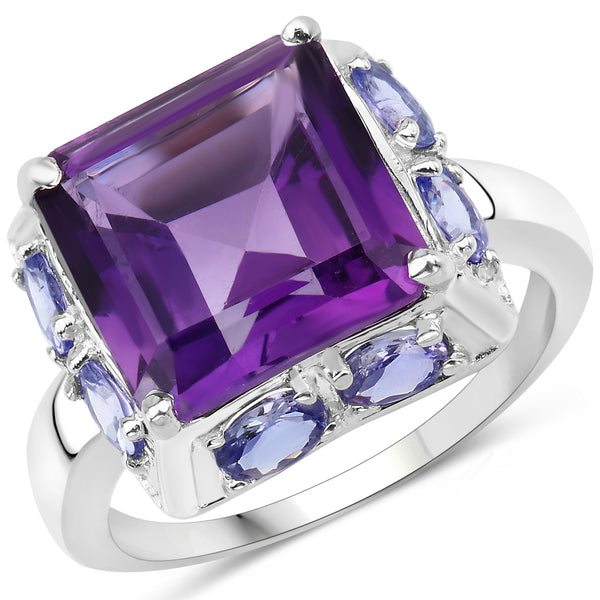 Genuine Amethyst and Tanzanite Sterling Silver Halo Ring