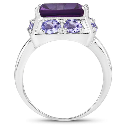 Genuine Amethyst and Tanzanite Sterling Silver Halo Ring