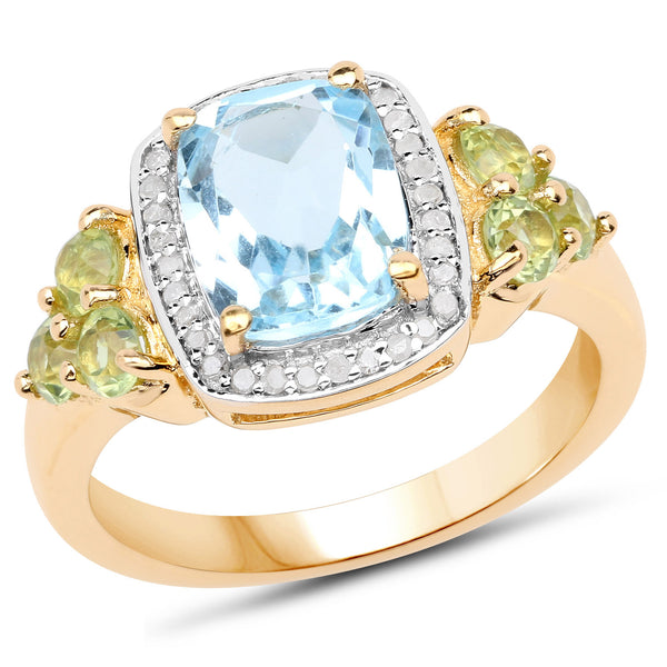 Genuine 14K Yellow Gold Plated Blue Topaz, Peridot and White Diamond Sterling Silver Ring