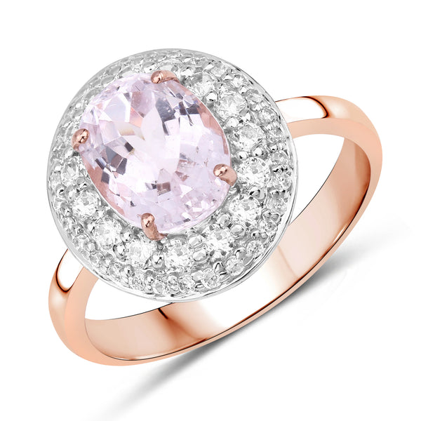 Genuine 14K Rose Gold Plated Morganite and White Topaz Sterling Silver Halo Ring