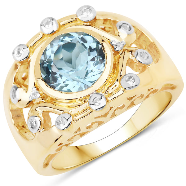 Genuine 14K Yellow Gold Plated Blue Topaz and White Topaz Sterling Silver Ring