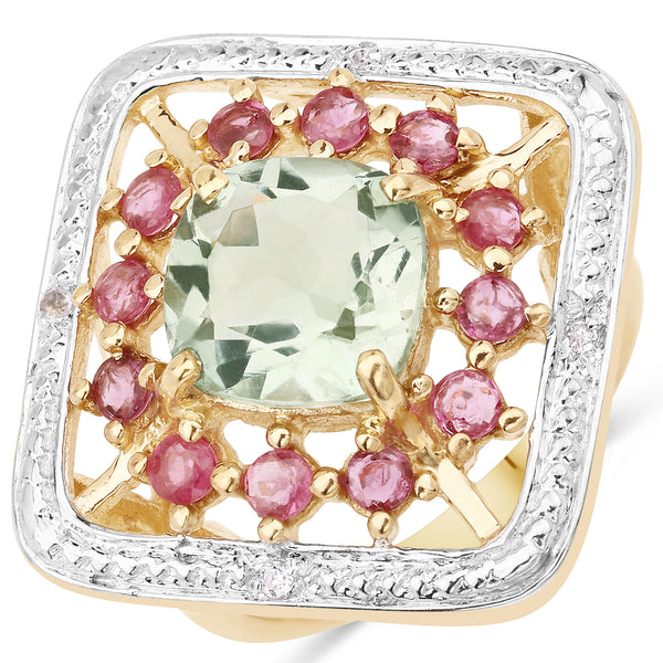 Genuine 14K Yellow Gold Plated Green Amethyst and Ruby Sterling Silver Ring