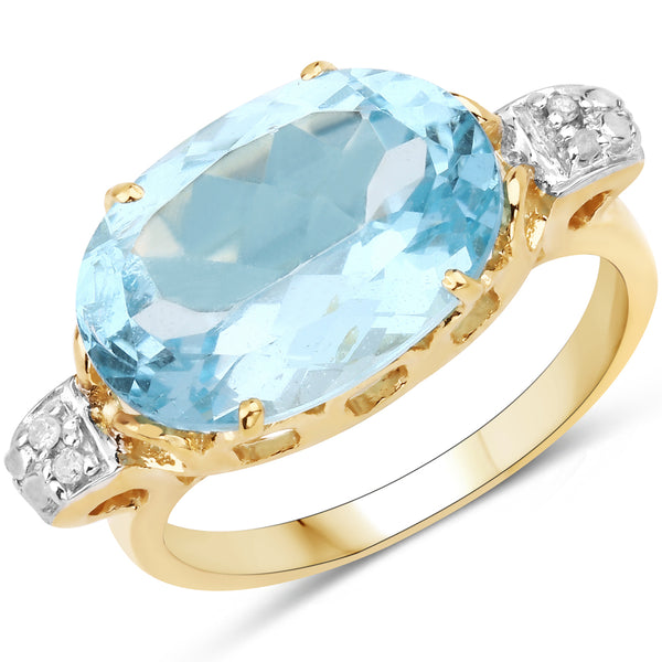 Genuine 14K Yellow Gold Plated Blue Topaz and White Diamond Sterling Silver Bridge Ring