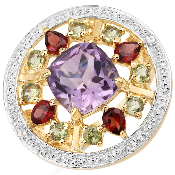 Genuine 14K Yellow Gold Plated Amethyst,Peridot and White Topaz Sterling Silver Cocktail Ring