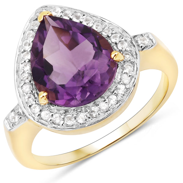 Genuine 14K Yellow Gold Plated Silver Amethyst and White Topaz  Sterling Silver Ring