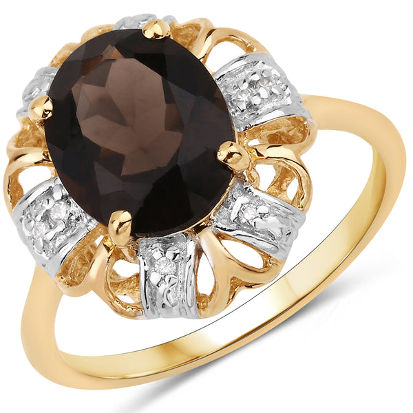 Genuine 14K Yellow Gold Plated Smoky Quartz and White Diamond Sterling Silver Cocktail Ring