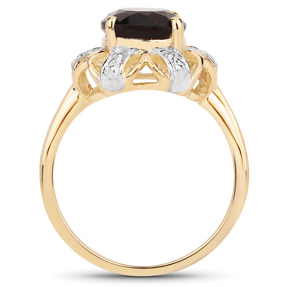 Genuine 14K Yellow Gold Plated Smoky Quartz and White Diamond Sterling Silver Cocktail Ring