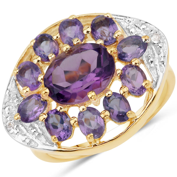 Genuine 14K Yellow Gold Plated Amethyst and White Topaz Sterling Silver Halo Ring