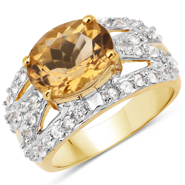 Genuine 14K Yellow Gold Plated Citrine and White Topaz Sterling Silver Cocktail Ring