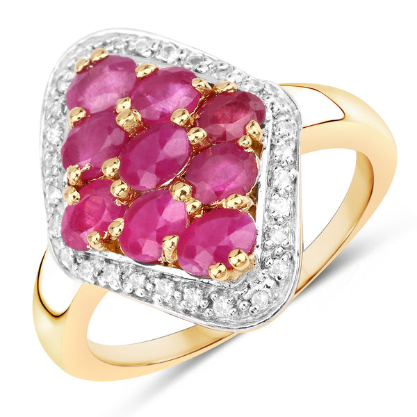 Genuine 14K Yellow Gold Plated Ruby and White Topaz Cluster Sterling Silver Ring