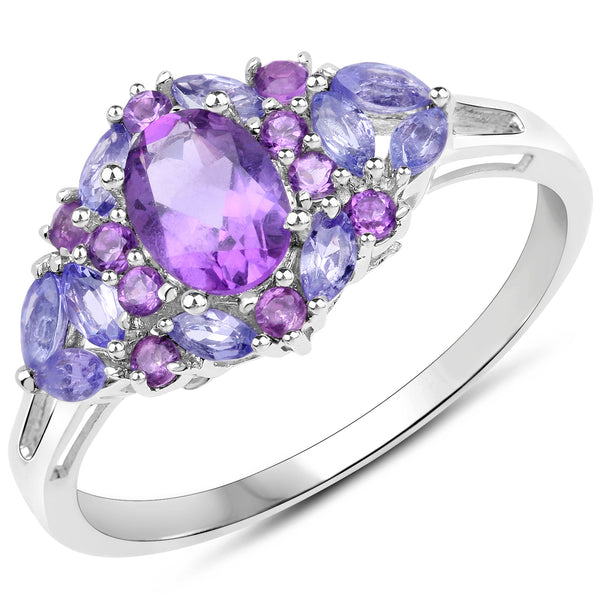 Genuine Amethyst and Tanzanite Sterling Silver Cocktail Ring