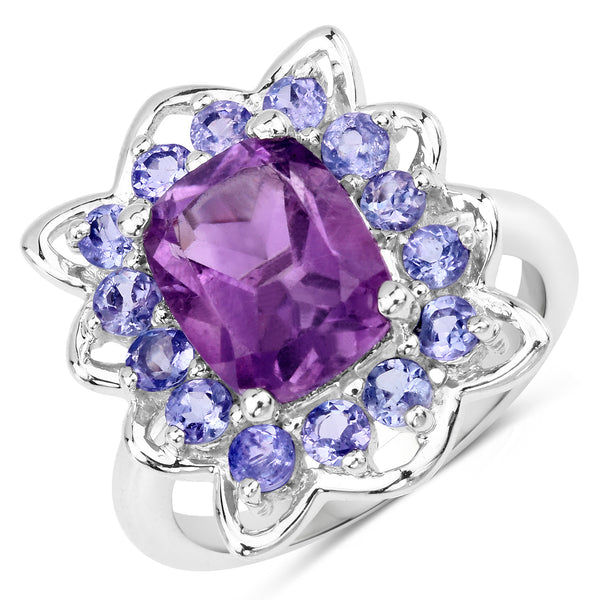 Genuine Amethyst and Tanzanite Sterling Silver Halo Ring