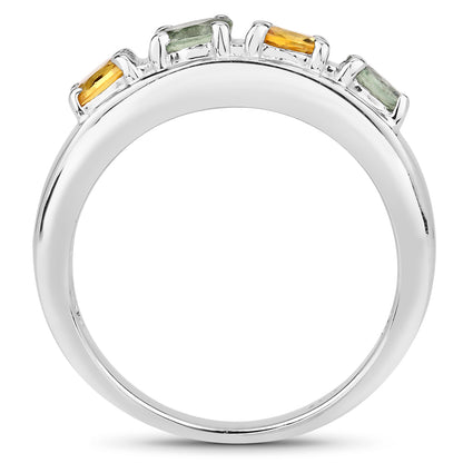 Genuine Green Sapphire and Yellow Sapphire Sterling Silver Band Ring