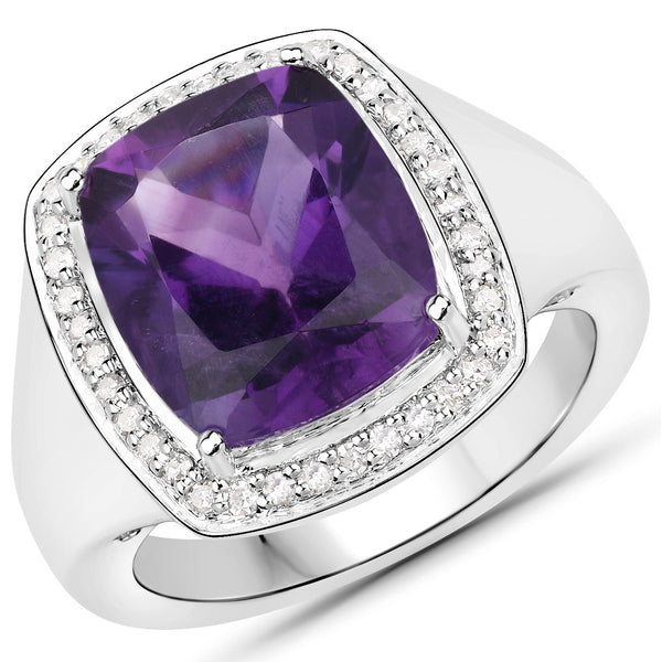 Genuine Amethyst and White Diamond Sterling Silver Ring