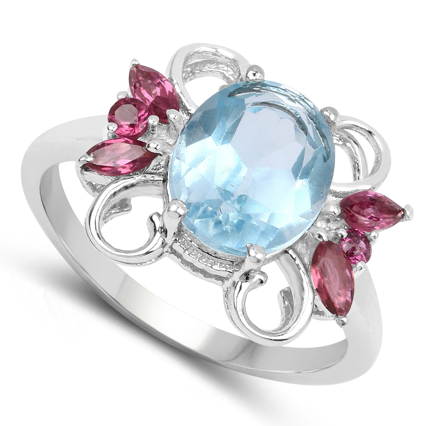 Genuine Blue Topaz and Rhodolite Sterling Silver Graduated Ring