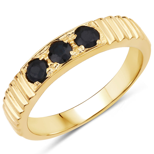 Genuine 14K Yellow Gold Plated Black Sapphire Sterling Silver 3-Stone Ring