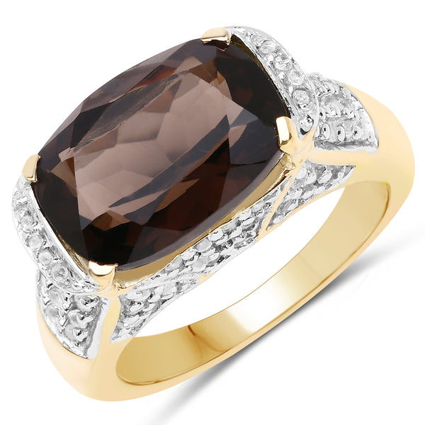 Genuine 14K Yellow Gold Plated Smoky Quartz and White Topaz Sterling Silver Ring