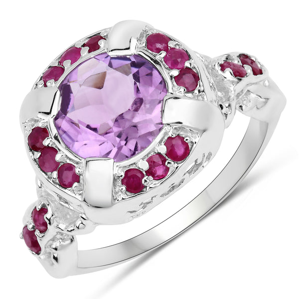 Genuine Amethyst and Ruby Sterling Silver Halo Ring