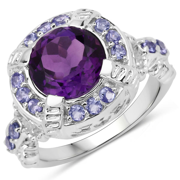 Genuine Amethyst and Tanzanite Sterling Silver Halo Ring