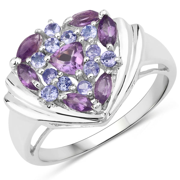 Genuine Amethyst and Tanzanite Sterling Silver Cocktail Ring