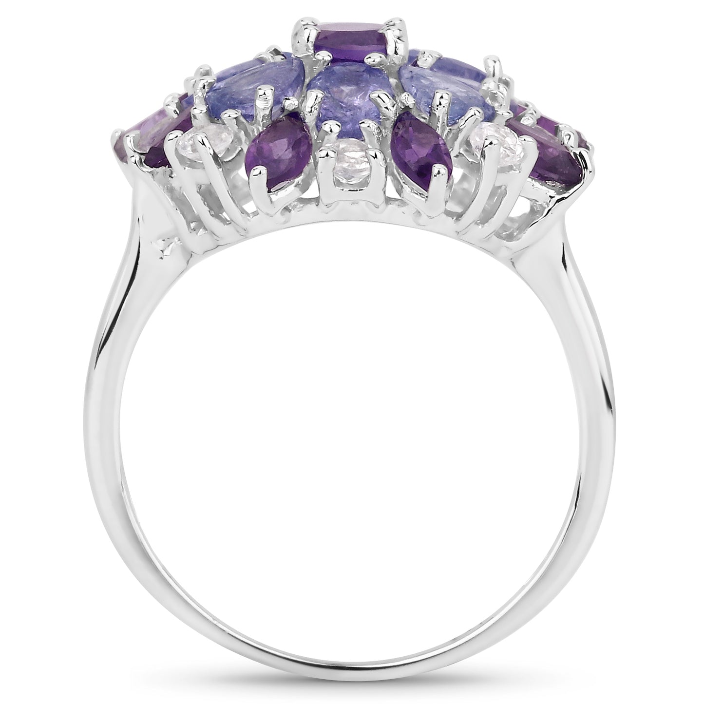 Genuine Amethyst, Tanzanite and White Topaz Sterling Silver Floral Ring