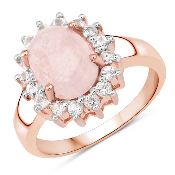 Genuine 14K Rose Gold Plated Morganite and White Topaz Sterling Silver Halo Ring