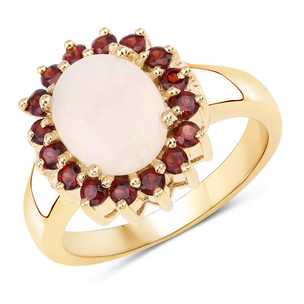 Genuine 14K Yellow Gold Plated Opal and Garnet Sterling Silver Ring