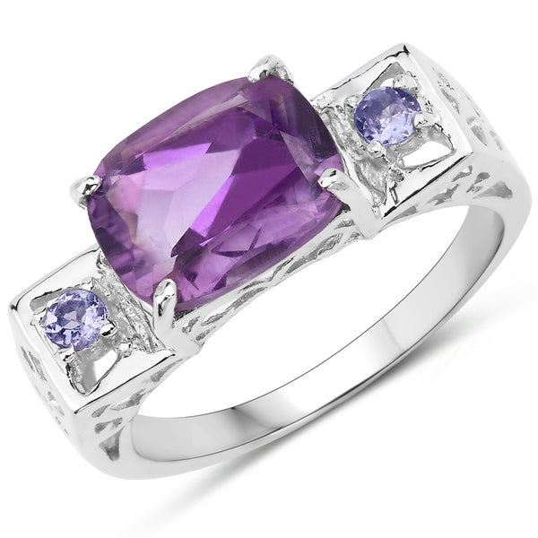 Genuine Amethyst and Tanzanite Sterling Silver 3-Stone Ring