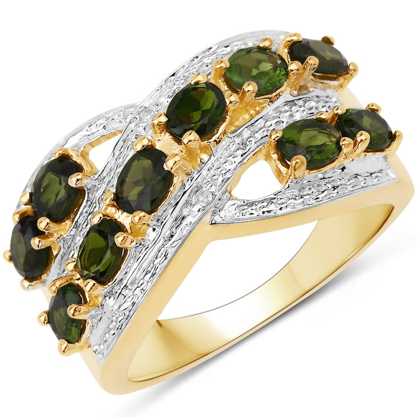 Genuine 14K Yellow Gold Plated Chrome Diopside and White Diamond Sterling Silver Crossover Ring