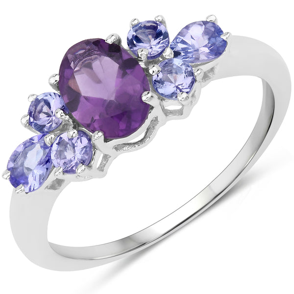 Genuine Amethyst and Tanzanite Sterling Silver Cocktail Ring