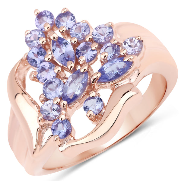 Genuine 14K Rose Gold Plated Tanzanite Sterling Silver Cluster Ring