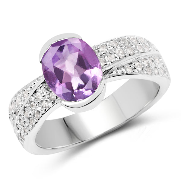 Genuine Amethyst and White Topaz Sterling Silver Graduated Ring