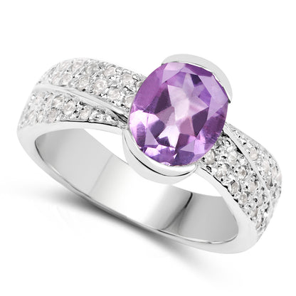 Genuine Amethyst and White Topaz Sterling Silver Graduated Ring