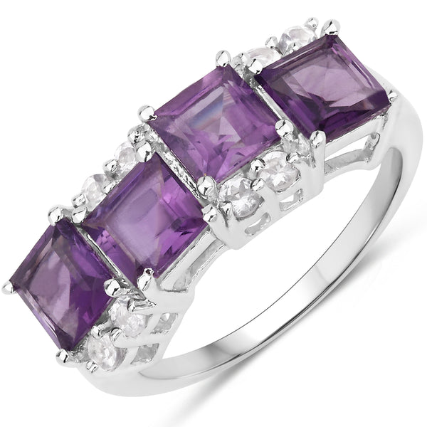 Genuine Amethyst and White Topaz Sterling Silver Graduated Ring