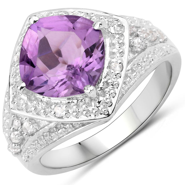 Genuine Amethyst and White Topaz Sterling Silver Graduated Ring