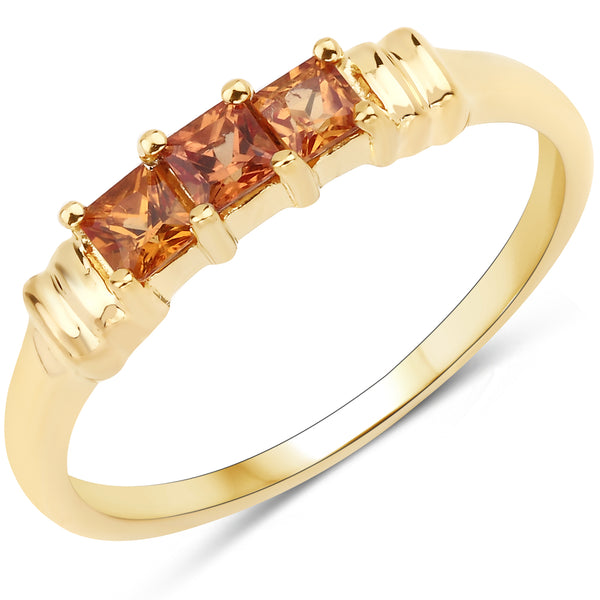 Genuine 14K Yellow Gold Plated Orange Sapphire Sterling Silver 3-Stone Ring