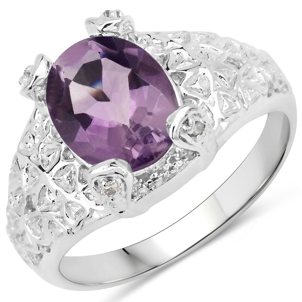 Genuine Amethyst and White Diamond Sterling Silver Solitaire Ring