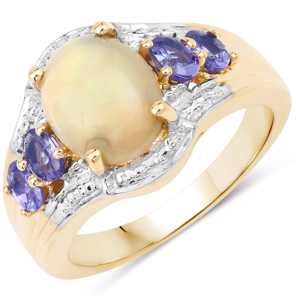 Genuine 14K Yellow Gold Plated Opal and Tanzanite Sterling Silver Bridge Ring