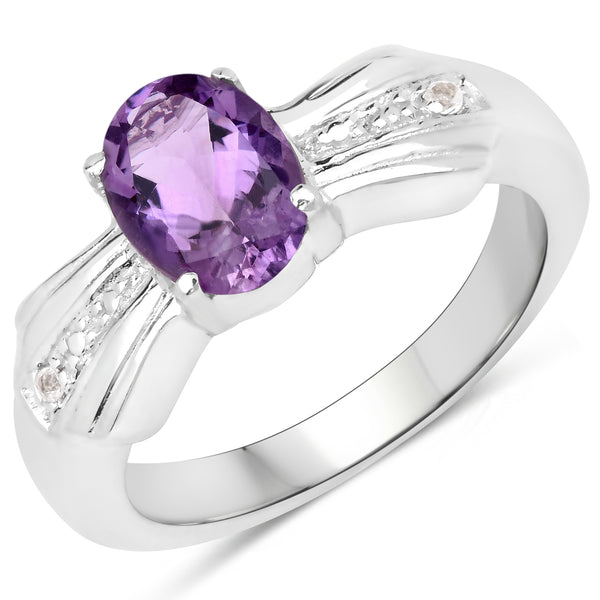 Genuine Amethyst and White Topaz  Sterling Silver Solitaire Ring