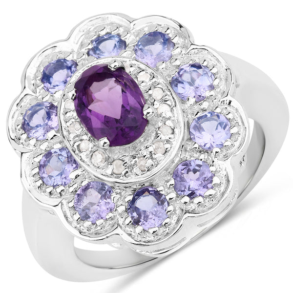 Genuine Amethyst and Tanzanite Sterling Silver Halo Ring