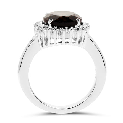 Genuine Smoky Quartz and White Diamond Sterling Silver Halo Ring