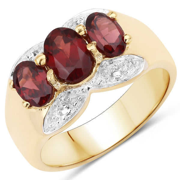 Genuine 14K Yellow Gold Plated Garnet Sterling Silver 3-Stone Ring