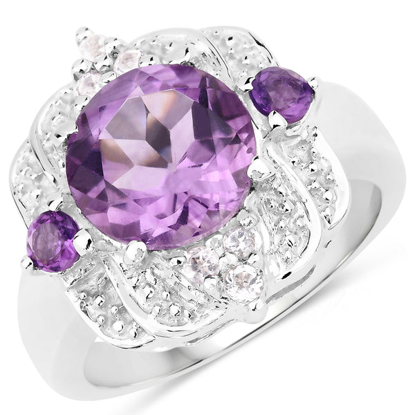 Genuine Amethyst and White Topaz Sterling Silver Graduated Ring