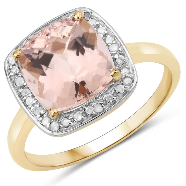 Genuine 14K Yellow Gold Plated Morganite and White Diamond Sterling Silver Halo Ring