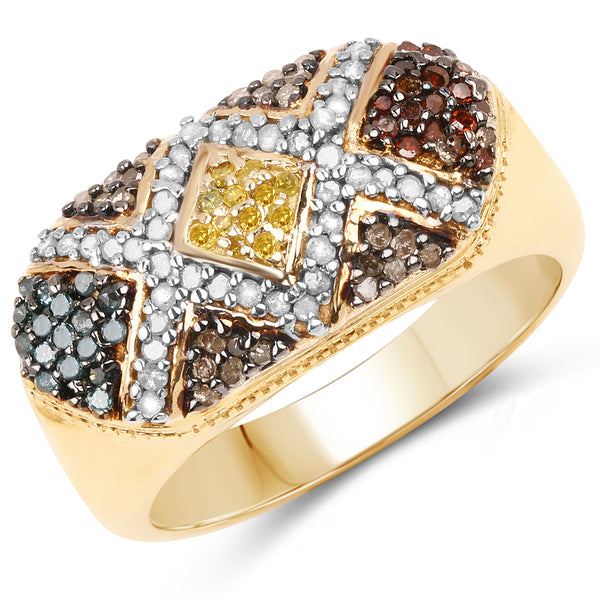 Genuine 14K Yellow Gold Plated Multi-Diamond Sterling Silver Ring