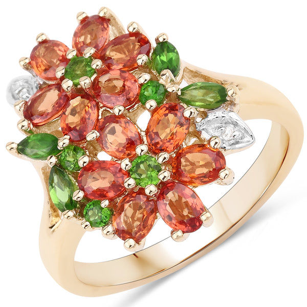 Genuine 14K Yellow Gold Plated Chrome Diopside, Orange Sapphire and White Topaz Sterling Silver Floral Ring