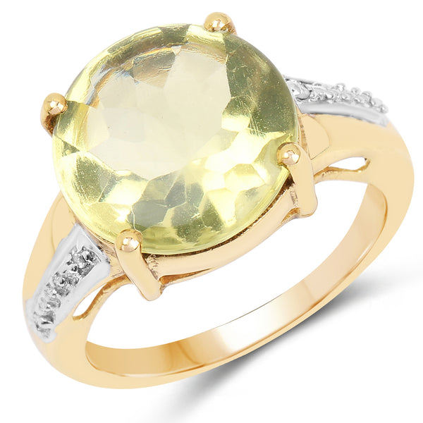 Genuine 14K Yellow Gold Plated Lemon Quartz and White Diamond Sterling Silver Bridge Ring